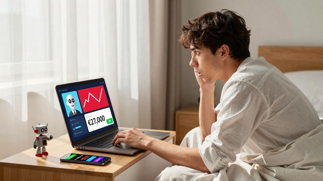 Jeune homme concentré, en chemise blanche, utilise un ordinateur portable au lit avec un graphique financier et un robot joue
