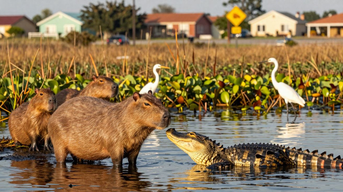 Trois capybaras et un alligator dans l'eau près de plantes aquatiques, avec deux hérons blancs en arrière-plan.