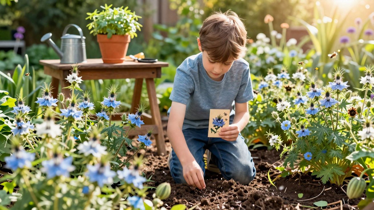 Garçon jardinant, plantant des graines entouré de fleurs bleues sous un soleil doux au jardin.