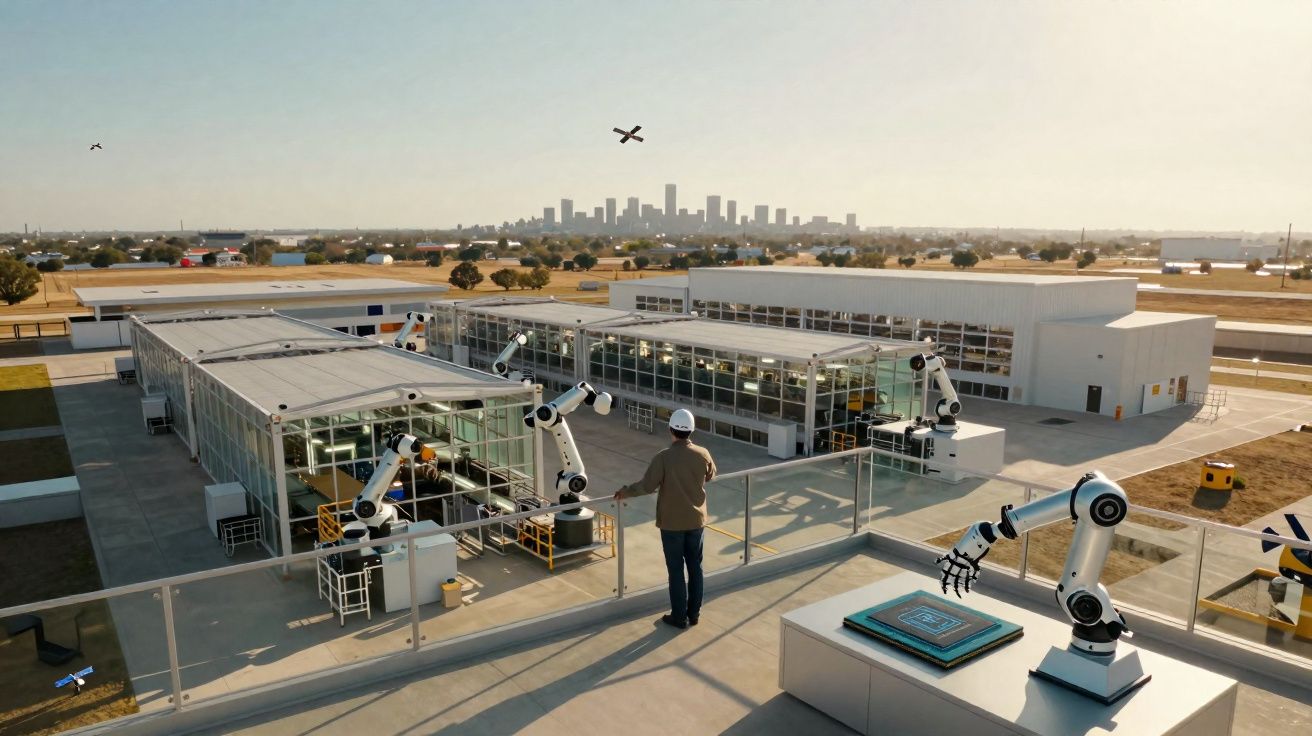 Personne observant des bras robotiques dans un complexe industriel avec des avions et une ville à l'horizon.