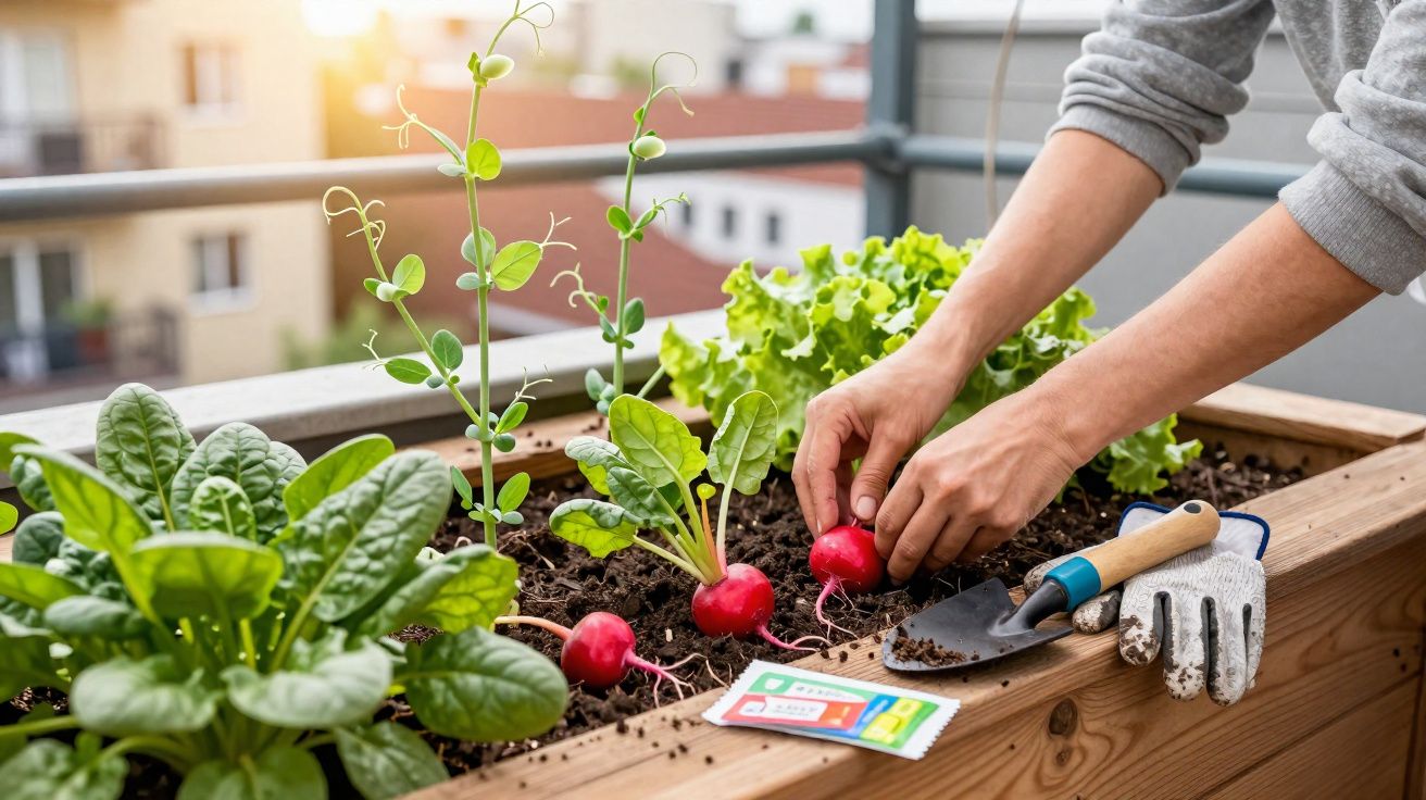 Mains récoltant des radis dans un potager sur balcon avec des plants de laitue et épinards en arrière-plan.