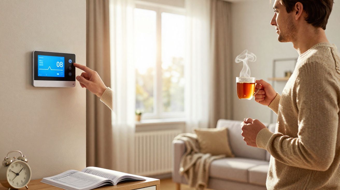 Homme ajustant le thermostat mural dans un salon lumineux en tenant une tasse de thé fumante.