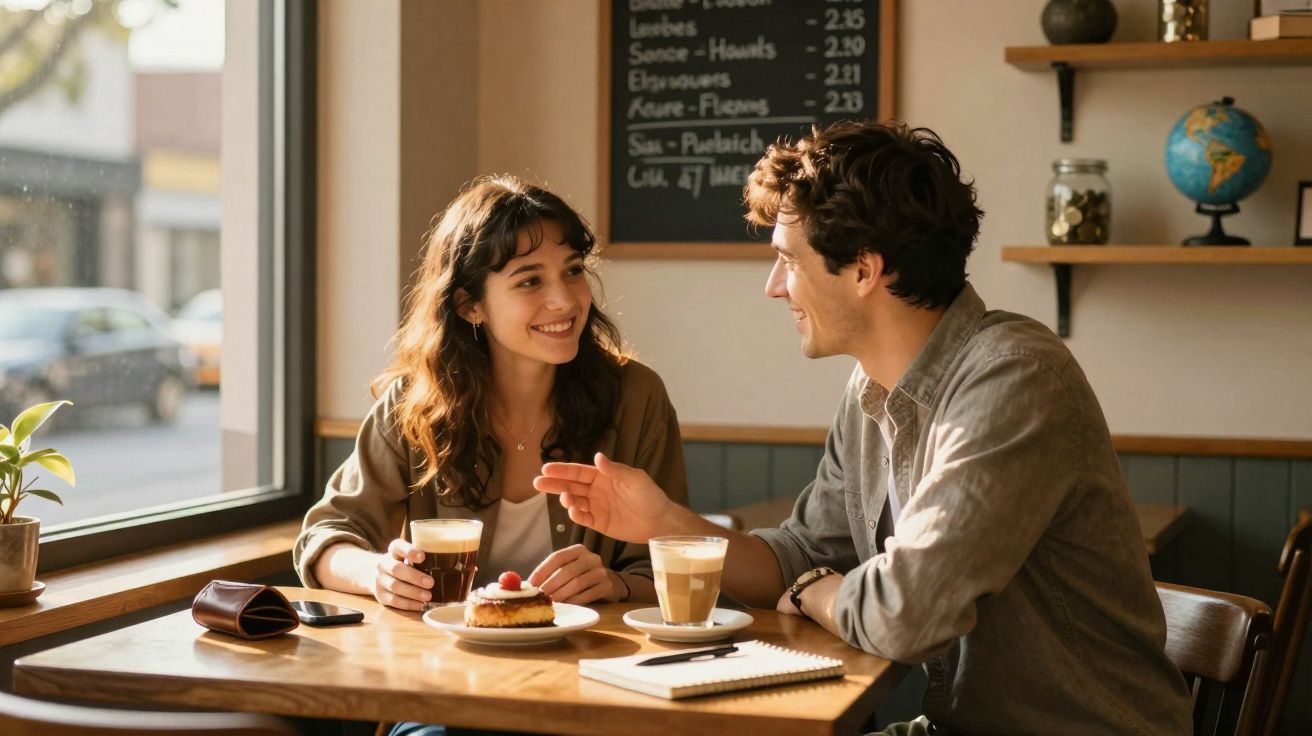 Jeune femme et homme discutant autour d’un café et d’un gâteau dans un café lumineux.