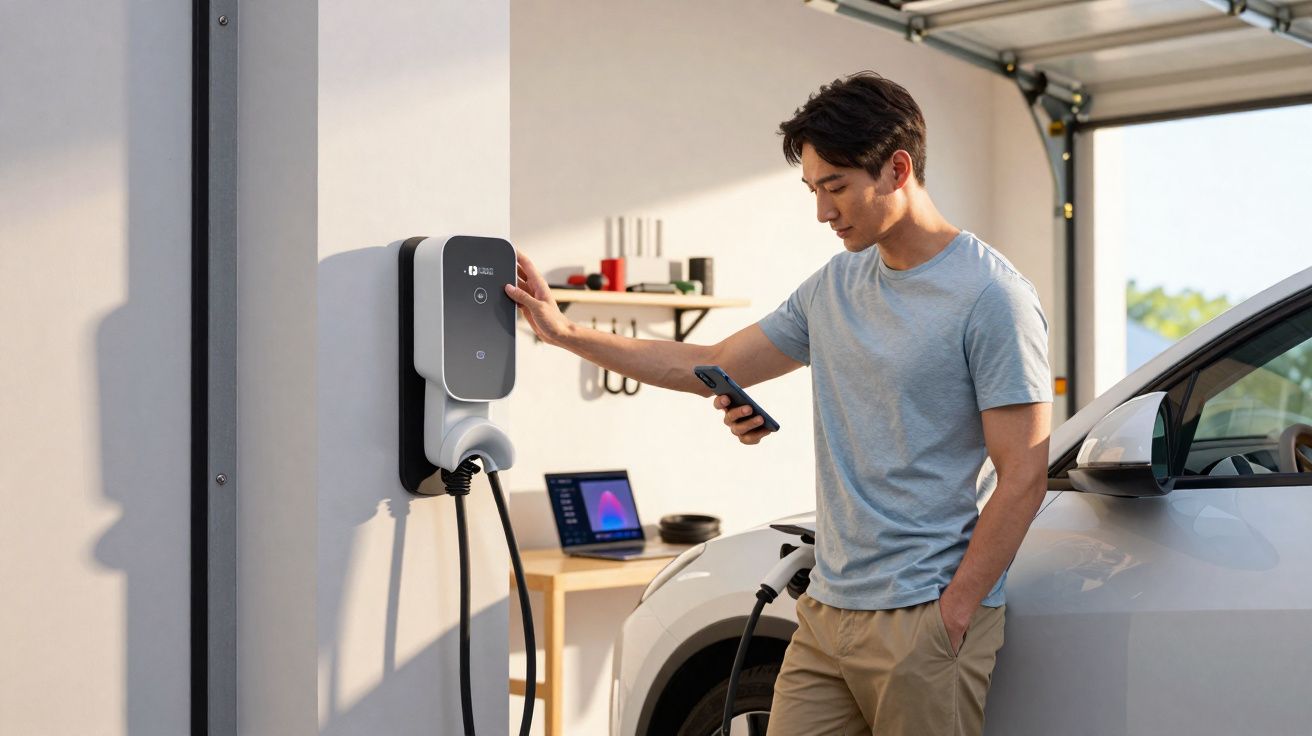 Jeune homme utilisant un chargeur mural pour voiture électrique dans un garage lumineux.