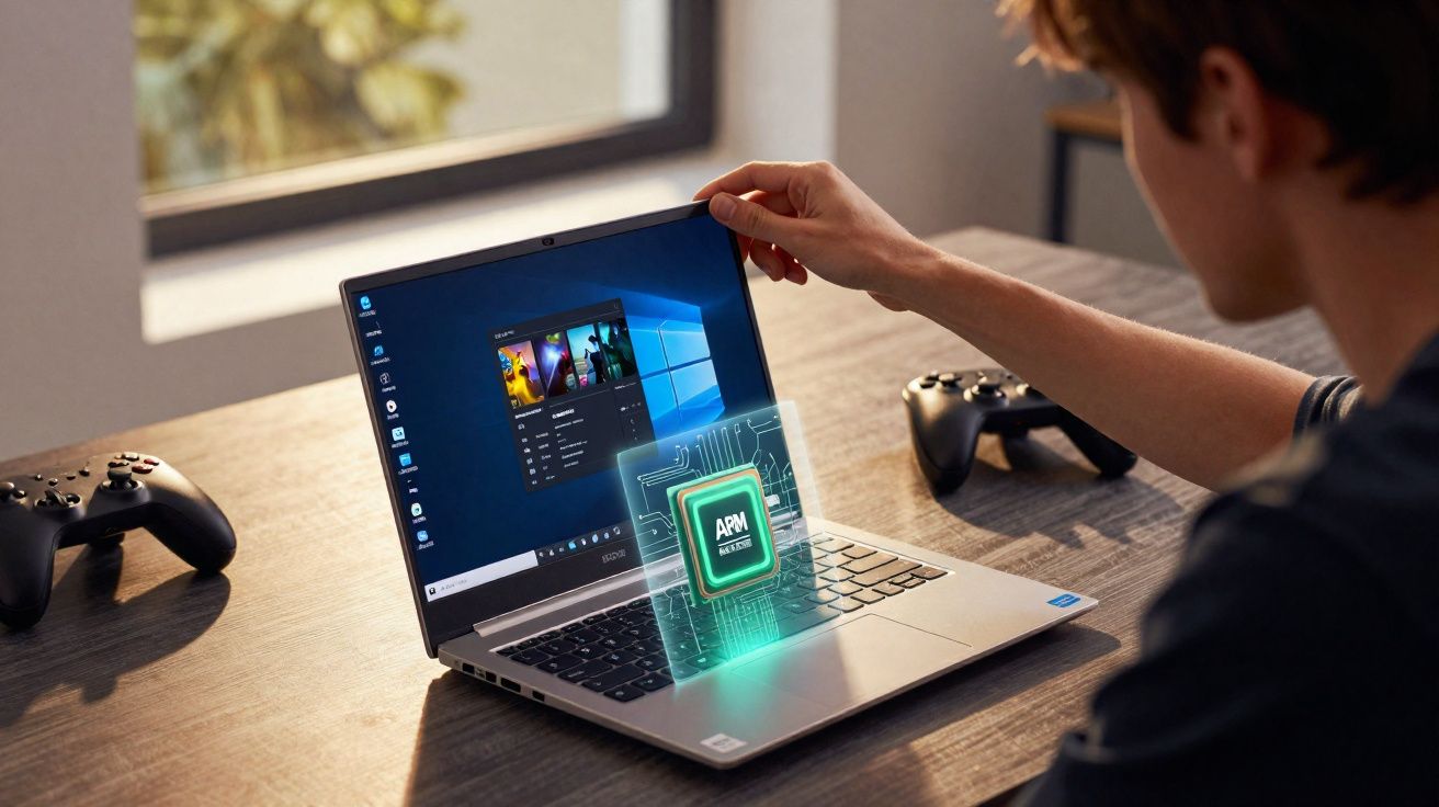 Personne utilisant un ordinateur portable avec deux manettes de jeu posées sur une table en bois.