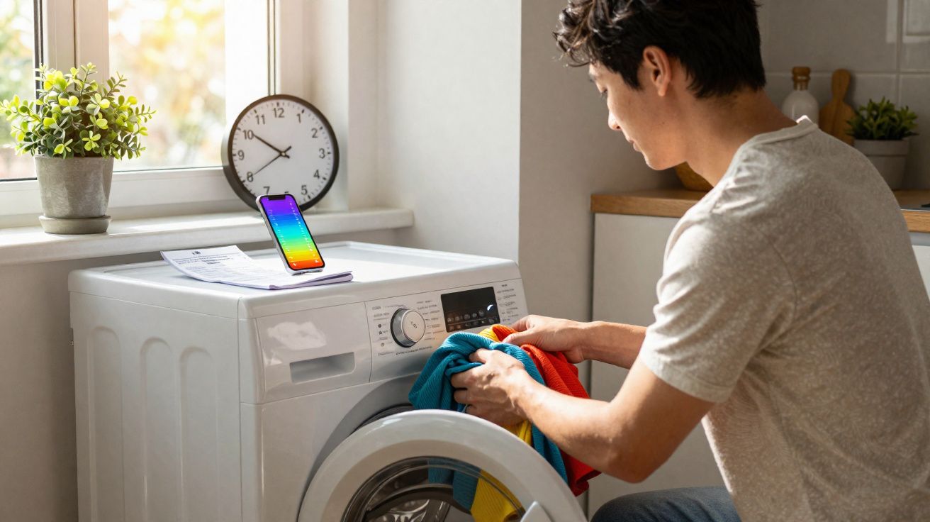 Homme chargeant du linge coloré dans une machine à laver dans une buanderie lumineuse près d'une fenêtre.