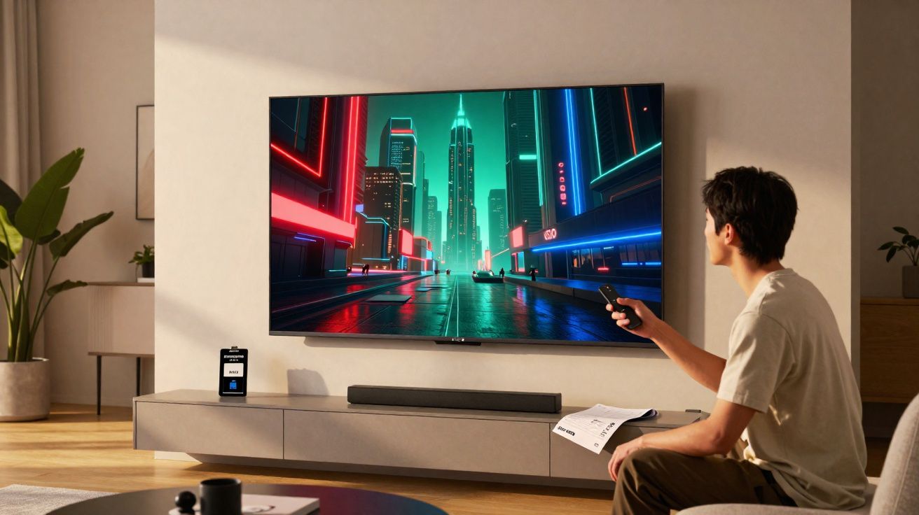 Jeune homme tenant une télécommande regardant un écran TV affichant une ville futuriste éclairée au néon.