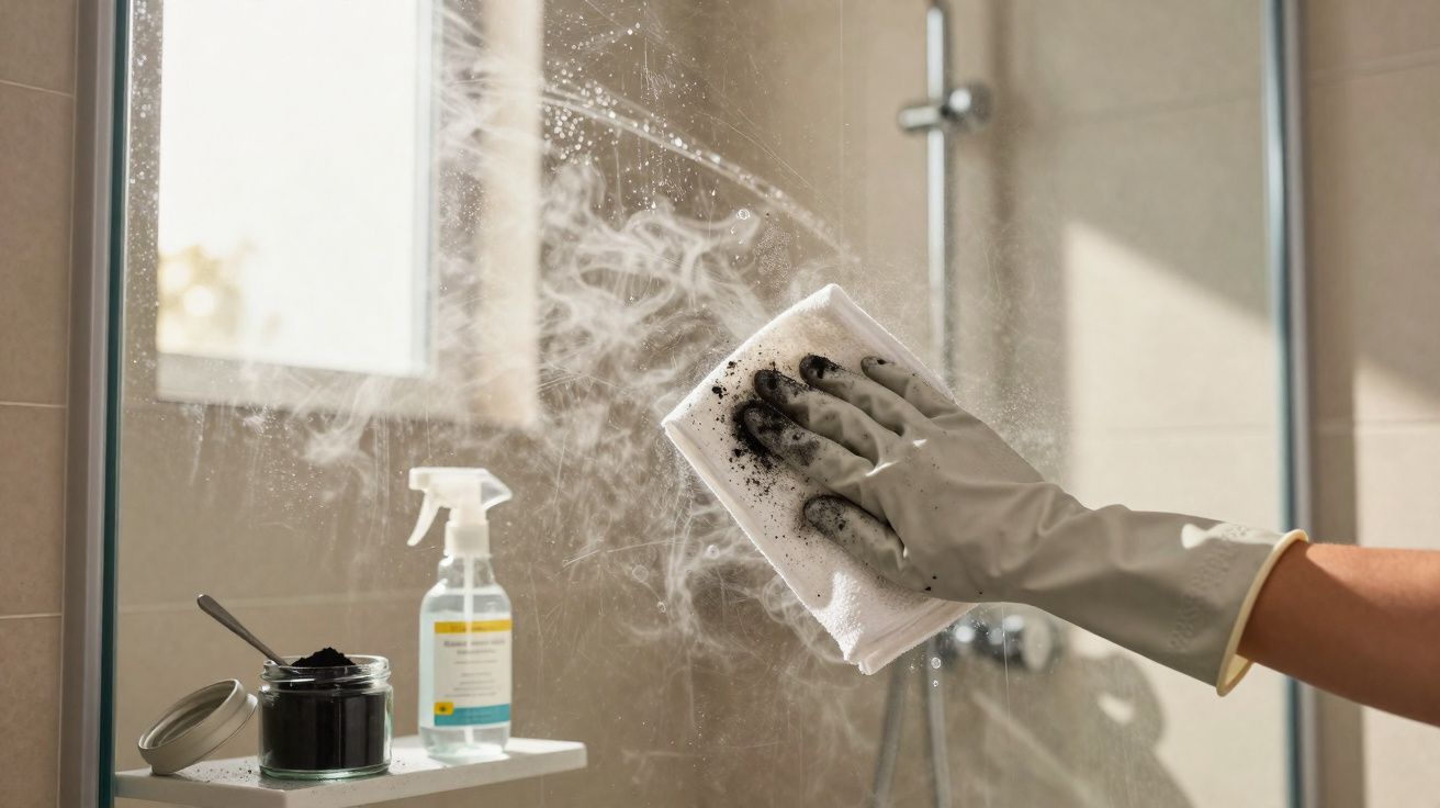 Main gantée nettoyant une vitre de douche avec un chiffon blanc et de la poudre noire visible sur la vitre.
