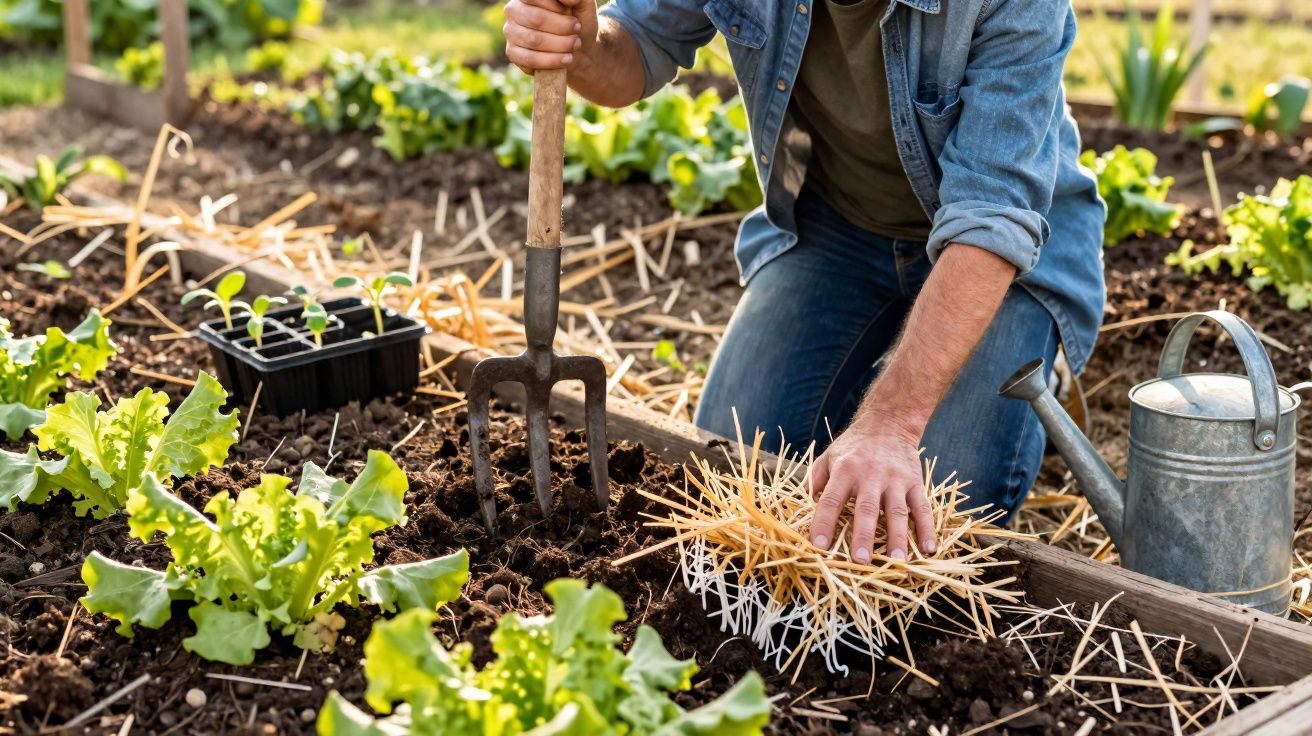 Personne travaillant en jardinage, préparant le sol avec une fourche et disposant de la paille au potager.