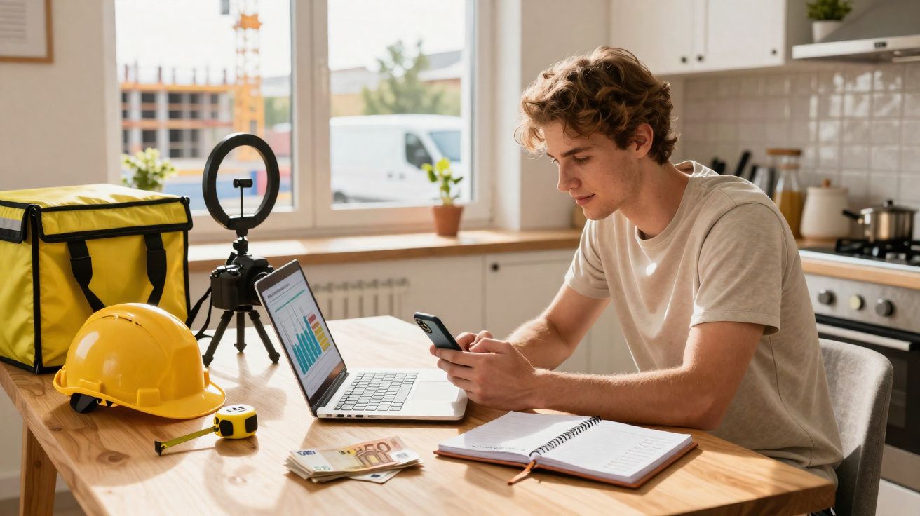 Jeune homme travaillant sur ordinateur portable avec casque de chantier et notes sur une table en bois dans une cuisine.
