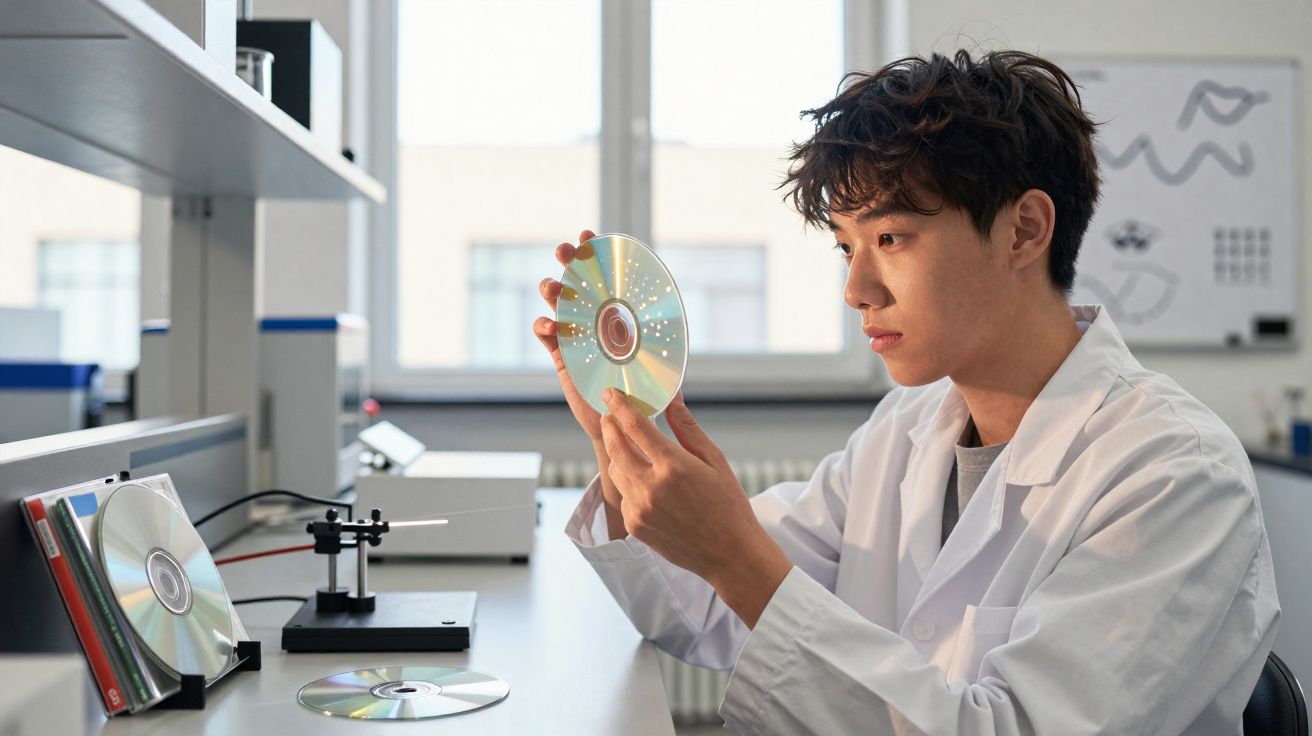 Chercheur en blouse blanche examinant un disque optique dans un laboratoire moderne lumineux.