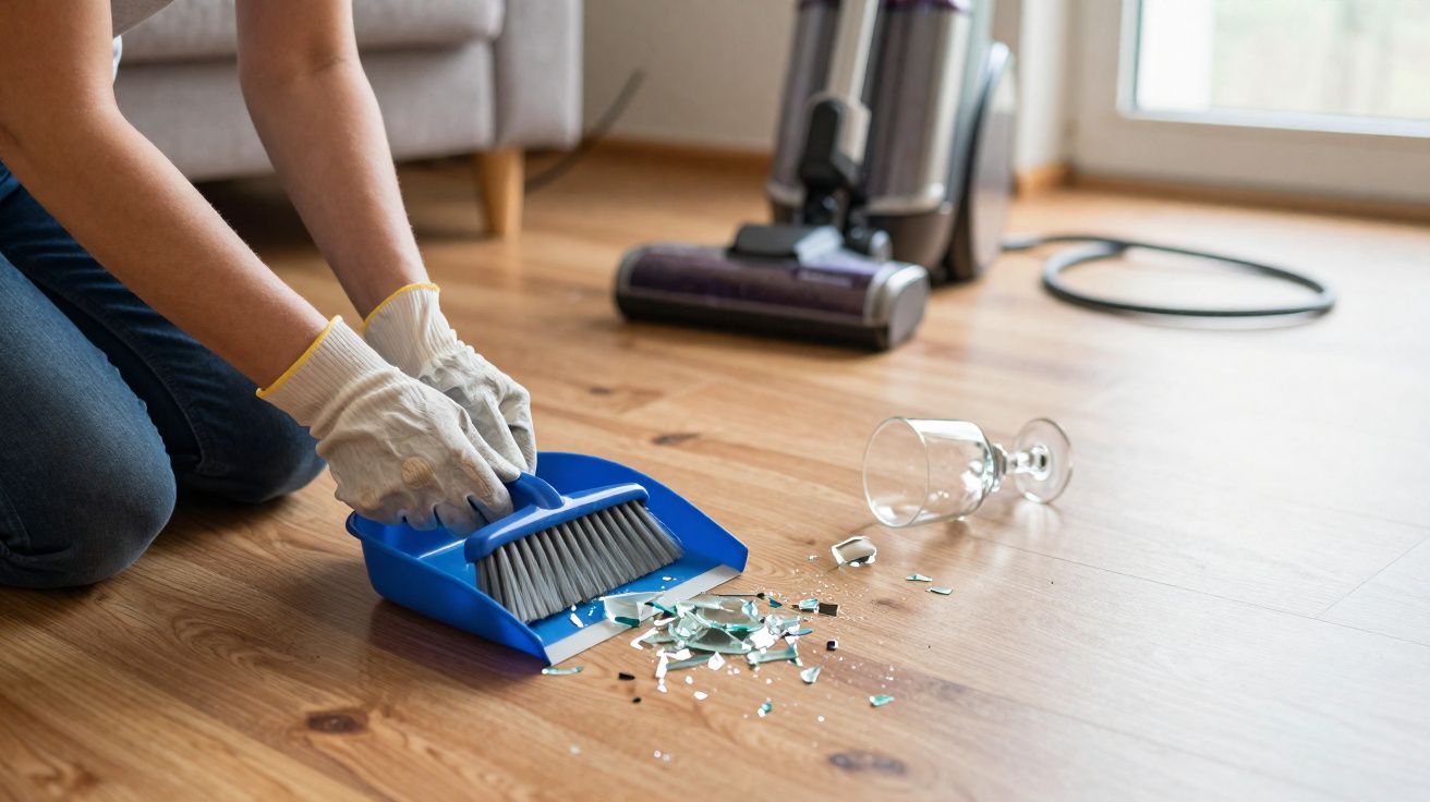 Personne ramassant des éclats de verre cassé sur un sol en bois avec pelle et balayette bleues.
