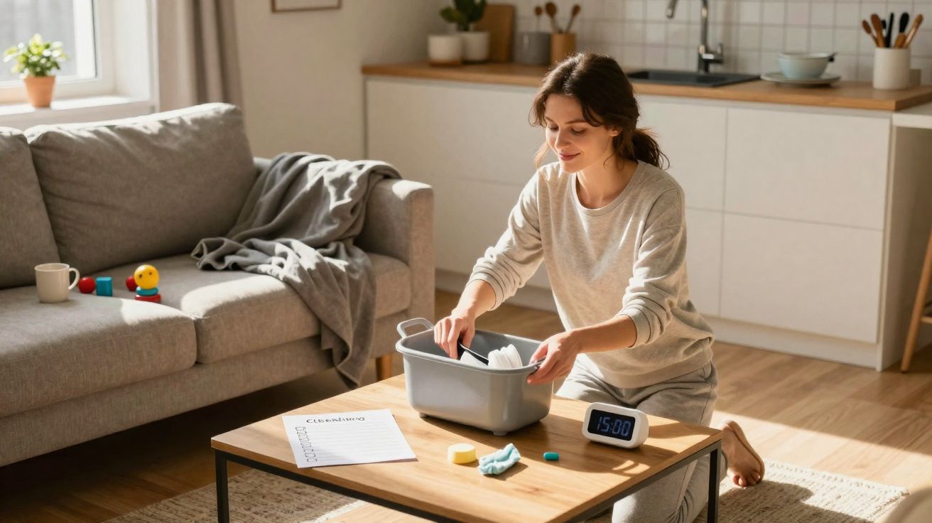 Femme souriante organisant des produits de nettoyage sur une table basse dans un salon lumineux.