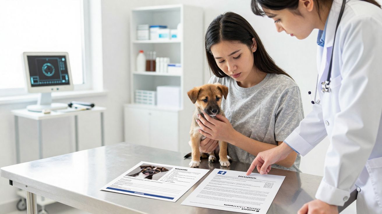 Jeune femme tenant un chiot en consultation avec une vétérinaire lisant des documents sur la table.