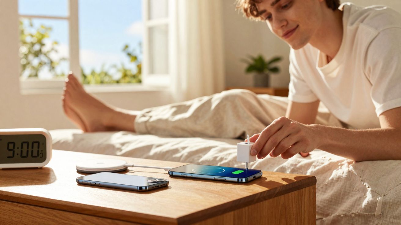 Jeune homme allongé dans son lit chargeant son téléphone posé sur une table de chevet avec un réveil à 9h00.