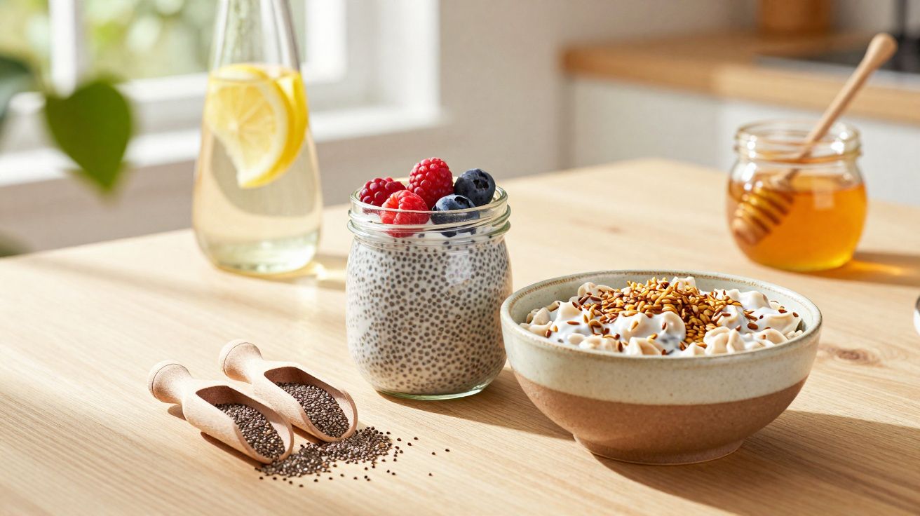 Petit-déjeuner sain avec pudding de graines de chia, baies, yaourt, miel et eau citronnée sur une table en bois.
