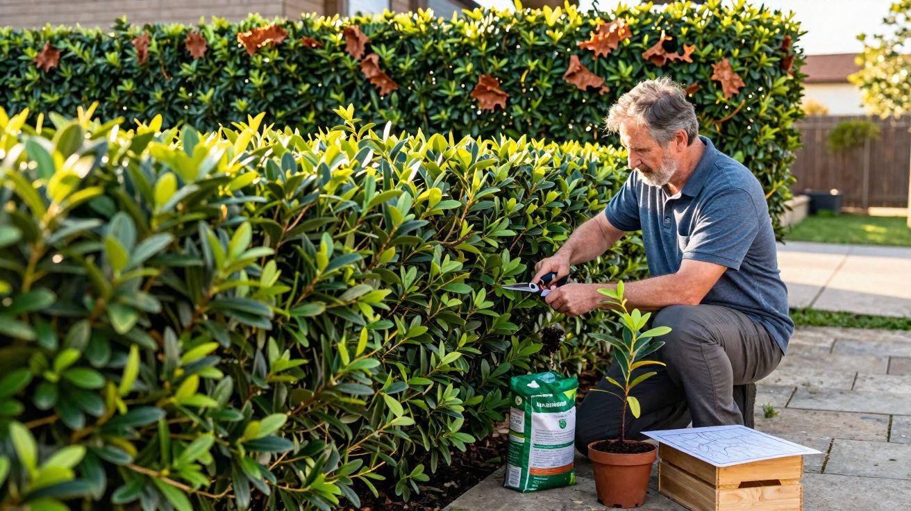 Homme tailleur taillant une haie verte dans un jardin avec outils et plante en pot à côté.