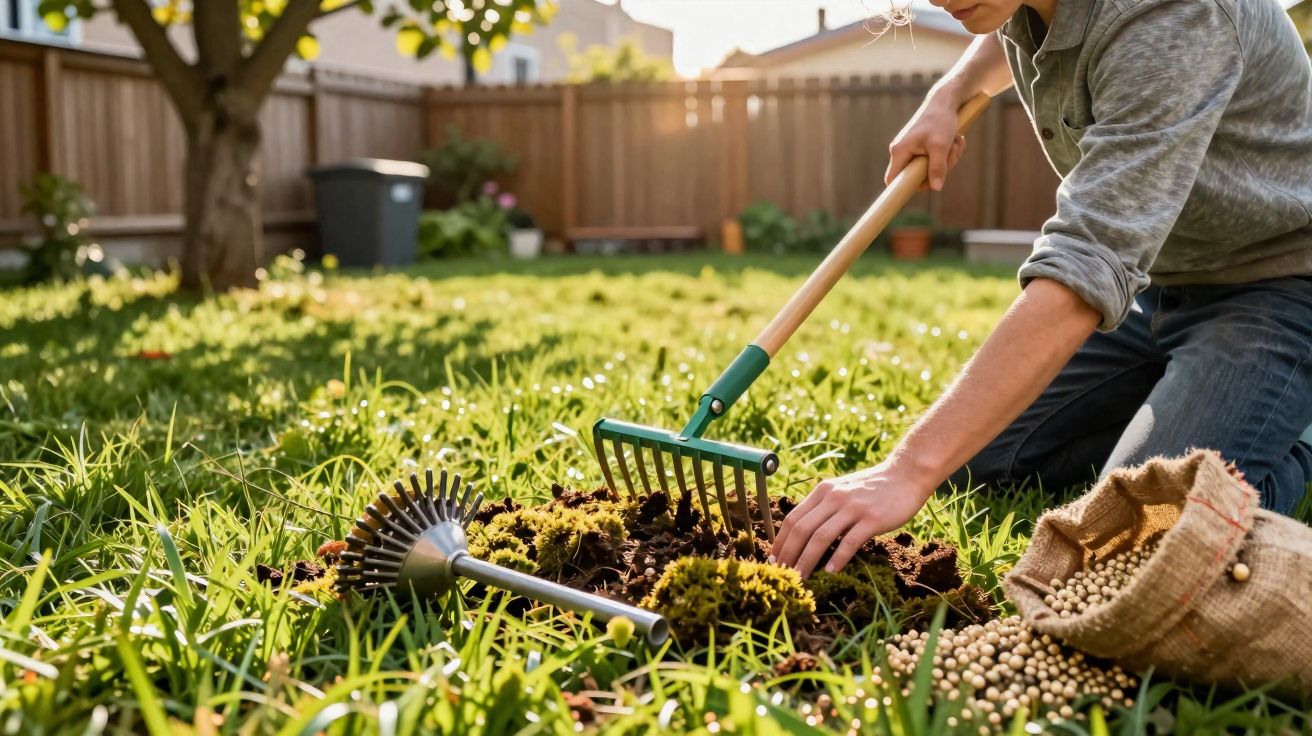 Personne jardinant avec un râteau dans un jardin avec un sac de graines à côté sur l'herbe verte.