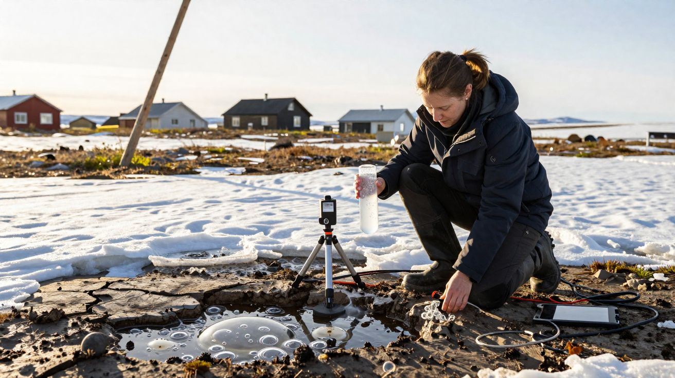 Chercheuse en tenue d'hiver prélève de l'eau dans une flaque gelée en milieu naturel enneigé, avec équipement scientifique.