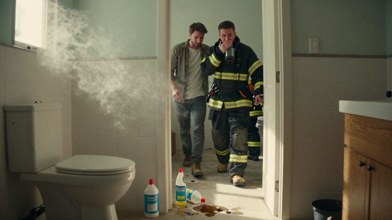 Pompiers interviennent dans une salle de bain enfumée avec des produits ménagers renversés au sol.