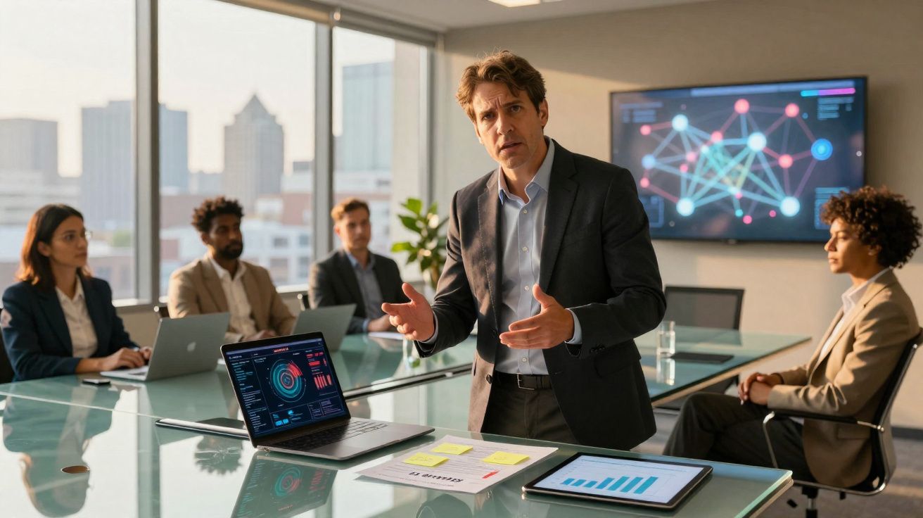 Homme en costume expliquant des données devant un groupe de collègues dans une salle de réunion moderne.