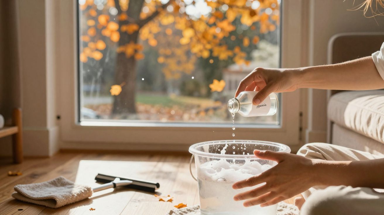 Mains versant du détergent dans un seau rempli d’eau savonneuse près d’une fenêtre avec vue automnale.