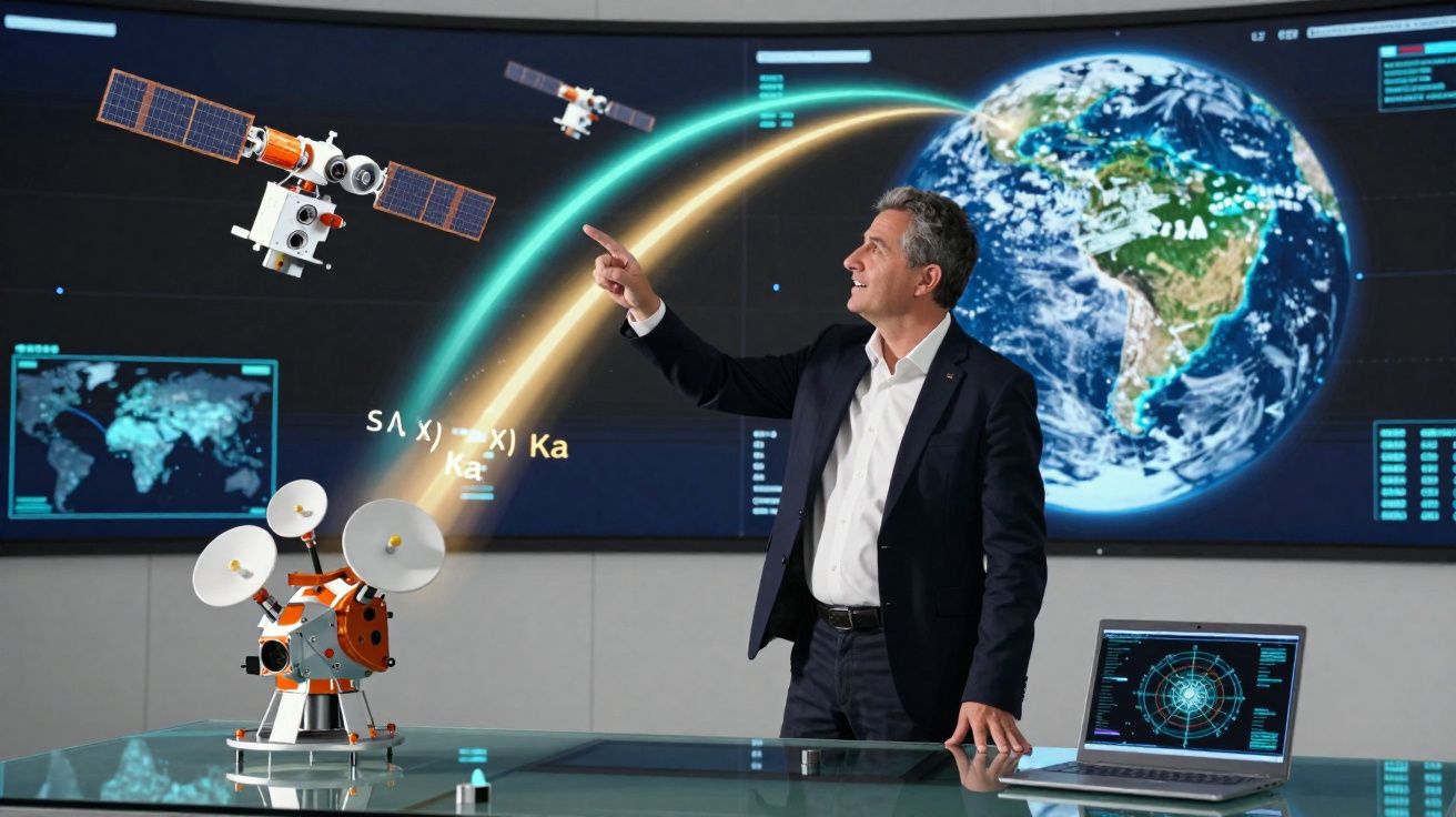 Homme en costume pointant vers des satellites miniatures avec une Terre en arrière-plan sur un écran digital.