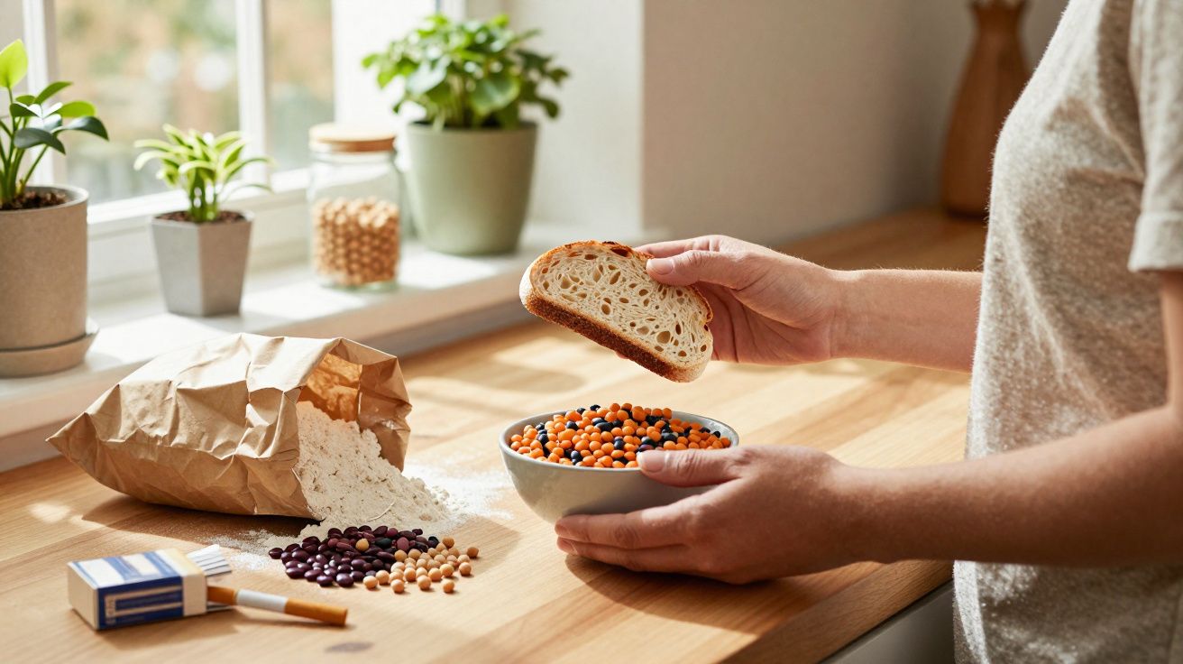 Personne tenant une tranche de pain au-dessus d'un bol de pois chiches et lentilles sur un plan de travail.