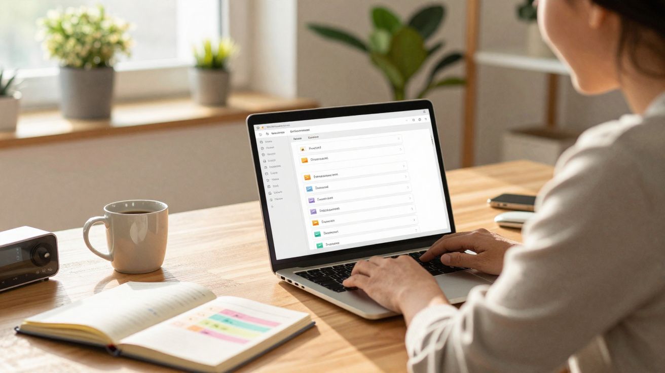 Personne travaillant sur un ordinateur portable avec planning ouvert, carnet, tasse et plantes sur une table en bois.