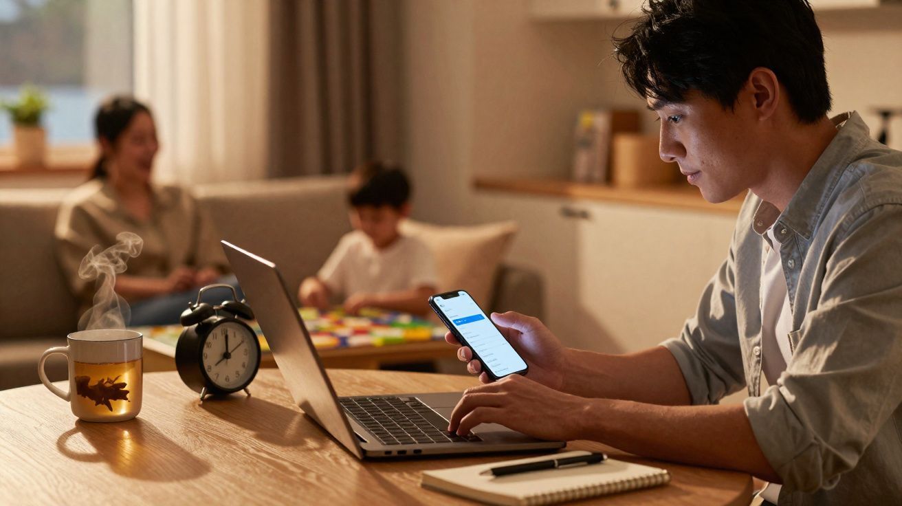 Homme travaillant sur un ordinateur portable avec un smartphone, pendant que femme et enfant jouent sur un canapé en arrière-