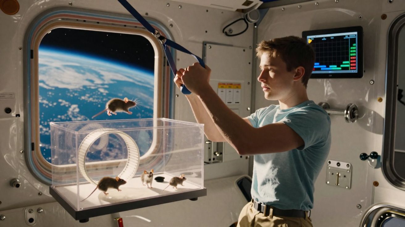 Un homme contrôle des souris dans une centrifugeuse spatiale avec la Terre visible à travers la fenêtre.