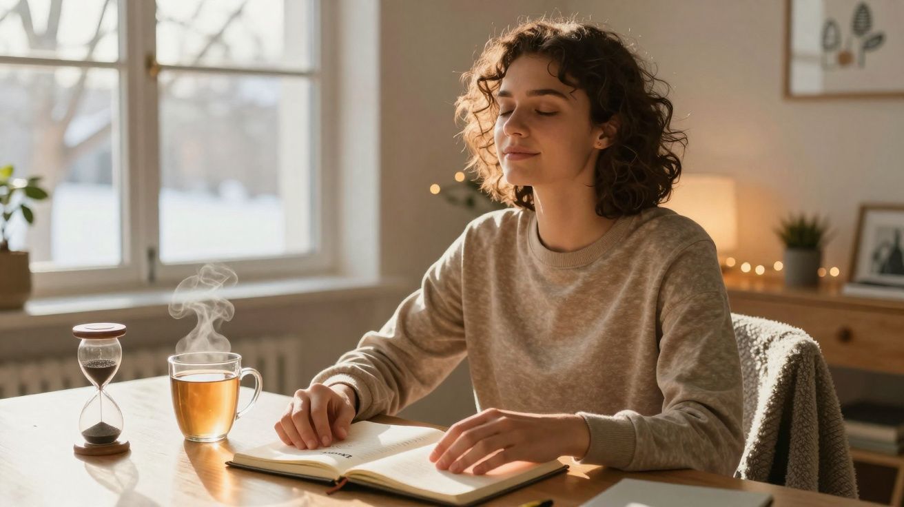 Femme assise à une table, les yeux fermés, profitant d'une pause avec un livre et une tasse de thé fumant.