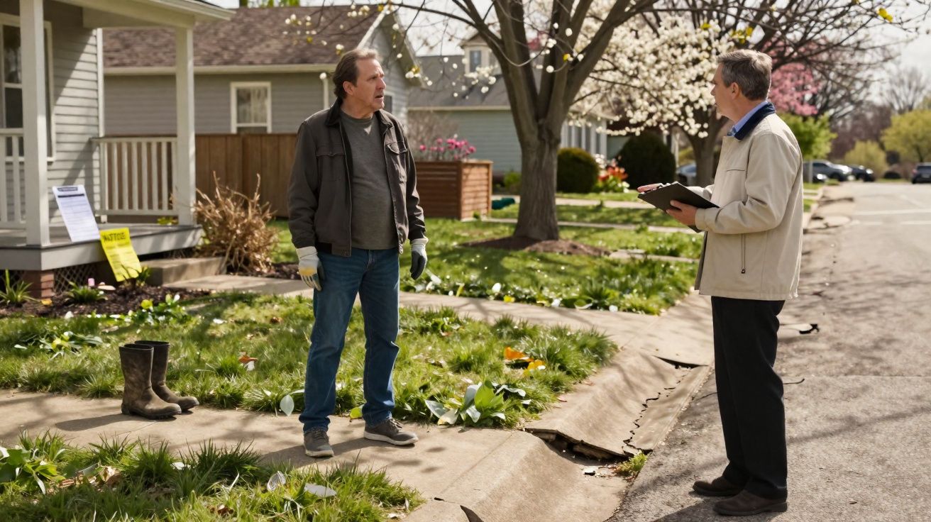 Deux hommes discutent devant une maison, l’un tient un carnet, l'autre porte des gants de jardinage.