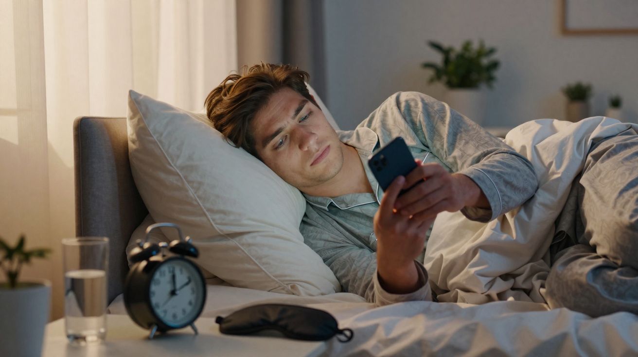Jeune homme allongé dans son lit regardant son smartphone, réveil et masque de sommeil à ses côtés.