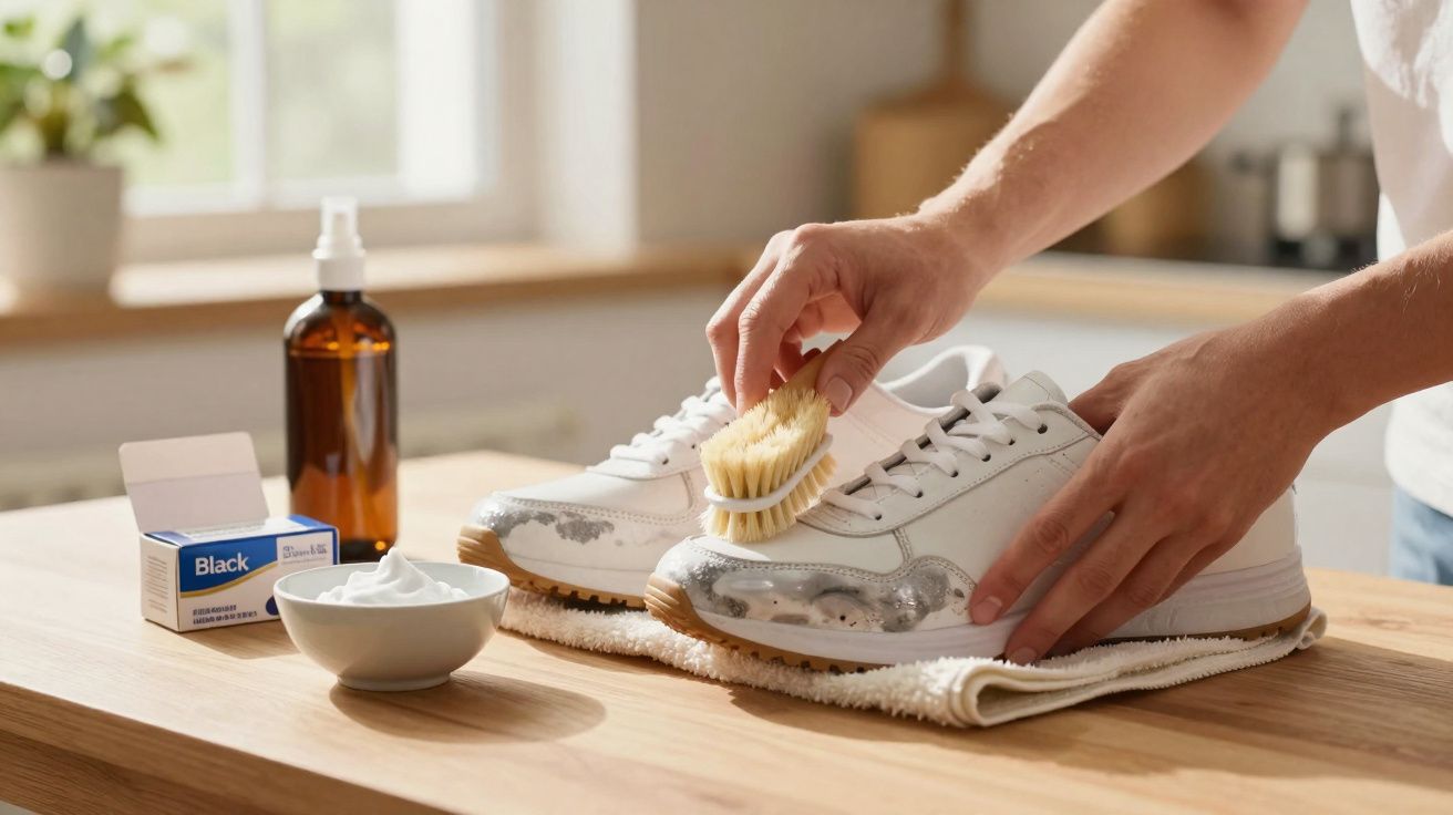 Une personne nettoie des baskets blanches avec une brosse, un chiffon et des produits d'entretien sur une table en bois.