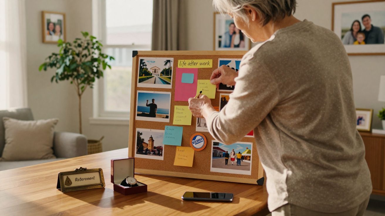 Femme âgée organisant un tableau de souvenirs avec photos, notes et un panneau « Retraite » sur une table en bois.