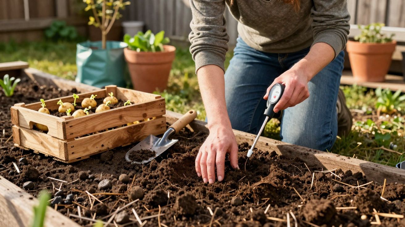 Personne plantant des pommes de terre dans un jardin, utilisant un outil de mesure de l'humidité du sol.