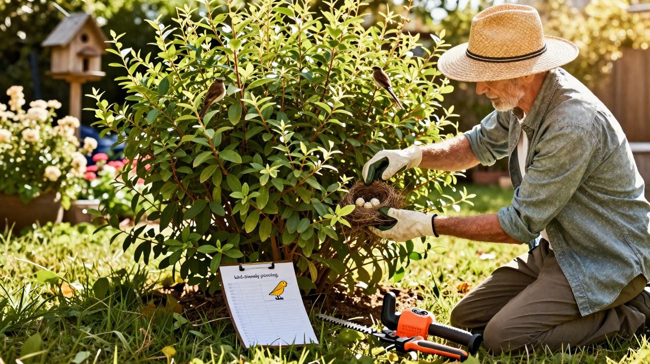 Homme âgé portant un chapeau ramassant un nid d'oiseaux dans un buisson ensoleillé dans un jardin.