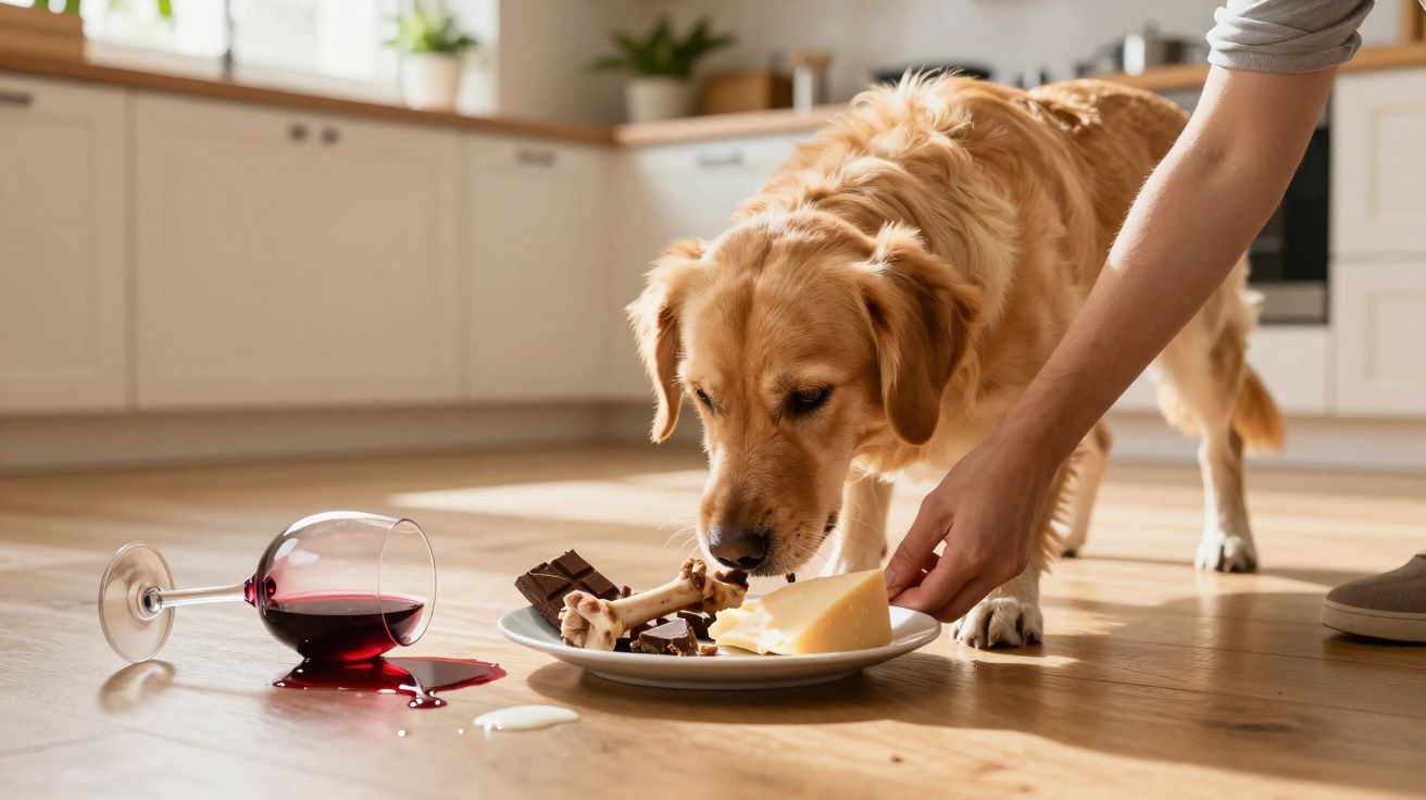 Chien qui mange des aliments interdits sur une assiette près d’un verre de vin renversé au sol.