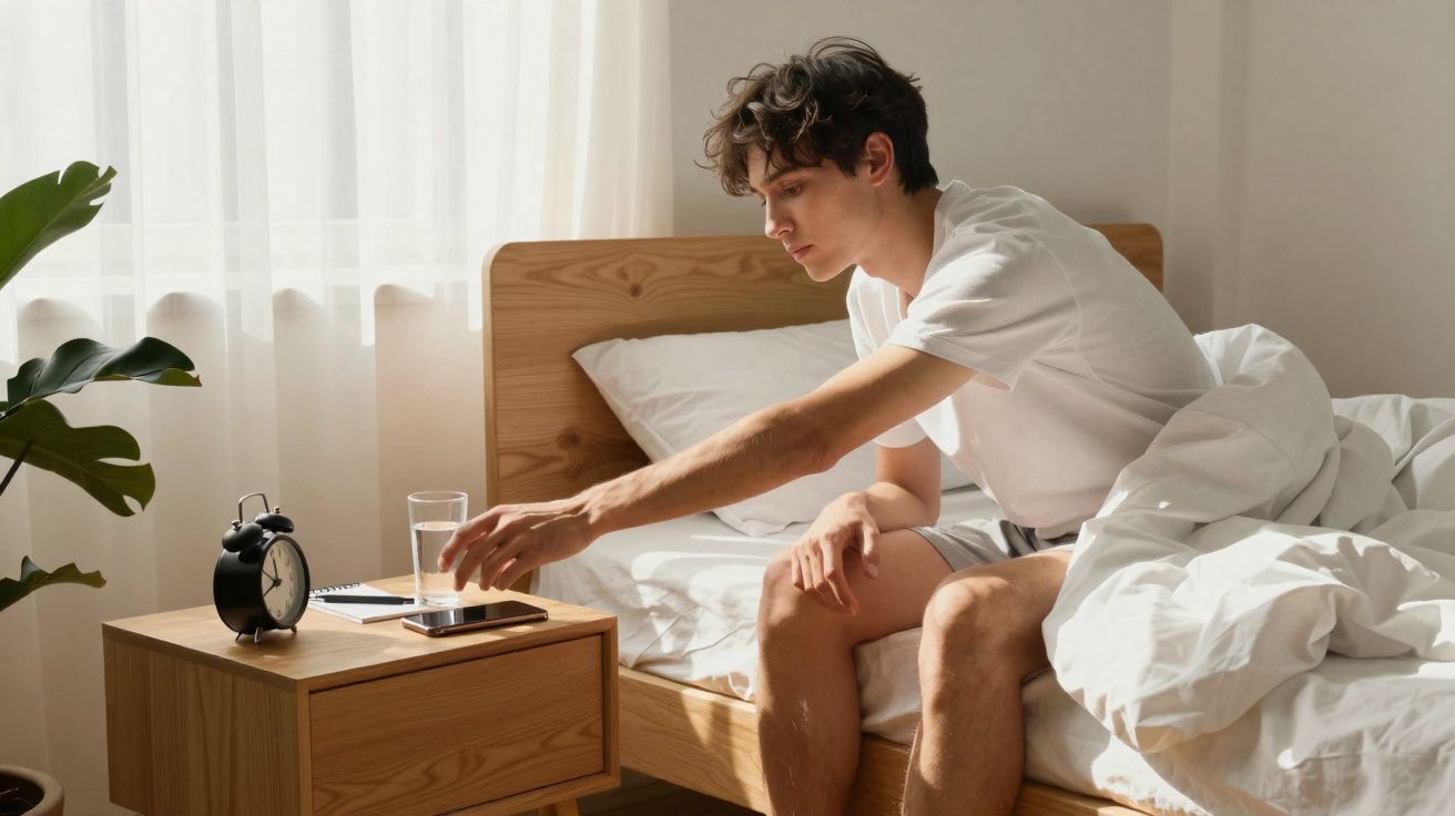 Jeune homme en pyjama s'étirant pour éteindre un réveil sur une table de chevet en bois.