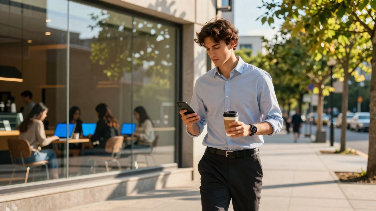 Jeune homme tenant un café à emporter et regardant son smartphone en marchant en ville, café en arrière-plan.