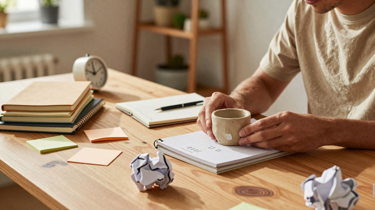 Personne tenant une tasse au-dessus d'un carnet de notes sur un bureau en bois avec papiers froissés et livres.