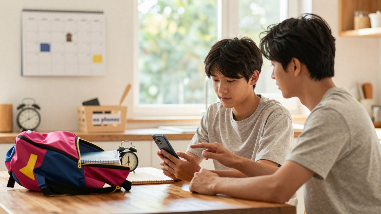 Deux adolescents assis à une table, regardant un smartphone, avec un sac à dos et des cahiers devant eux.
