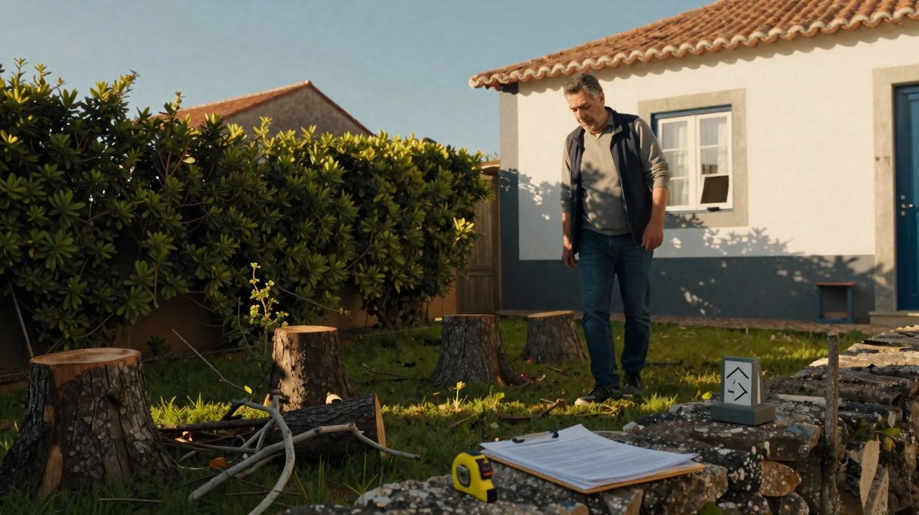 Homme debout dans un jardin avec plusieurs souches d'arbres coupés et un carnet sur un muret en pierre.