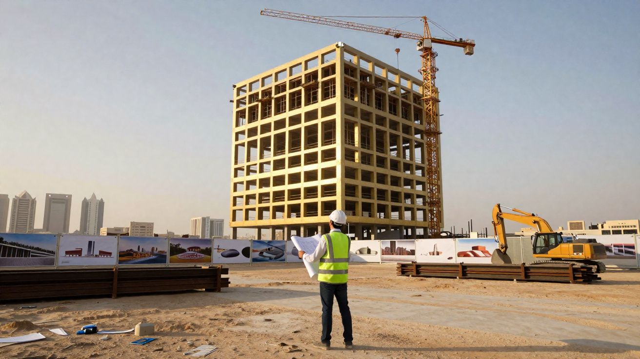 Ouvrier en gilet réfléchissant devant un chantier avec grue et structure de bâtiment en construction.