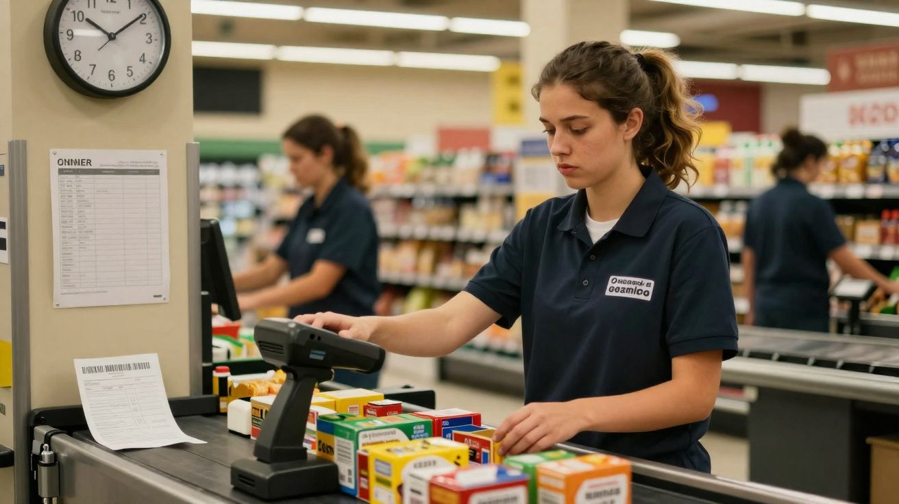 Caissière en uniforme bleu scannant des produits dans un supermarché avec d'autres employés en arrière-plan.