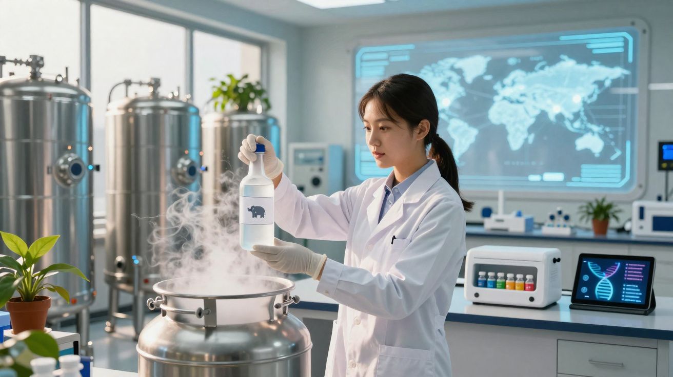 Scientifique en blouse tenant une bouteille devant un récipient fumant dans un laboratoire moderne.