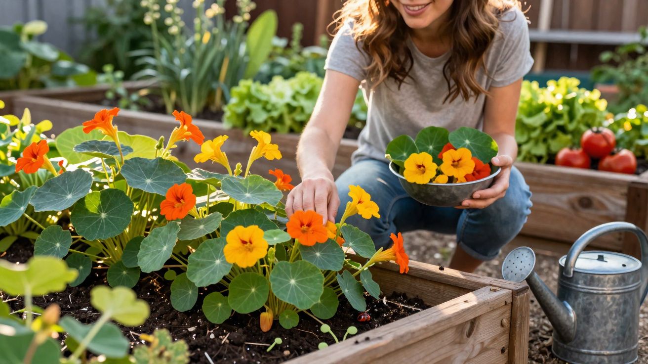 Femme cueillant des fleurs oranges et jaunes dans un jardin potager en carré en bois.