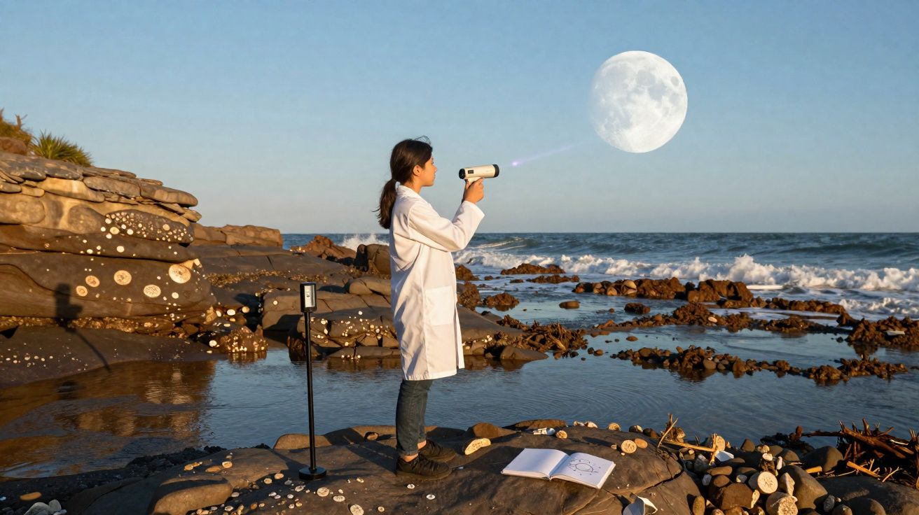 Femme en blouse blanche sur la côte utilisant un appareil pointant vers une grande lune visible au crépuscule.