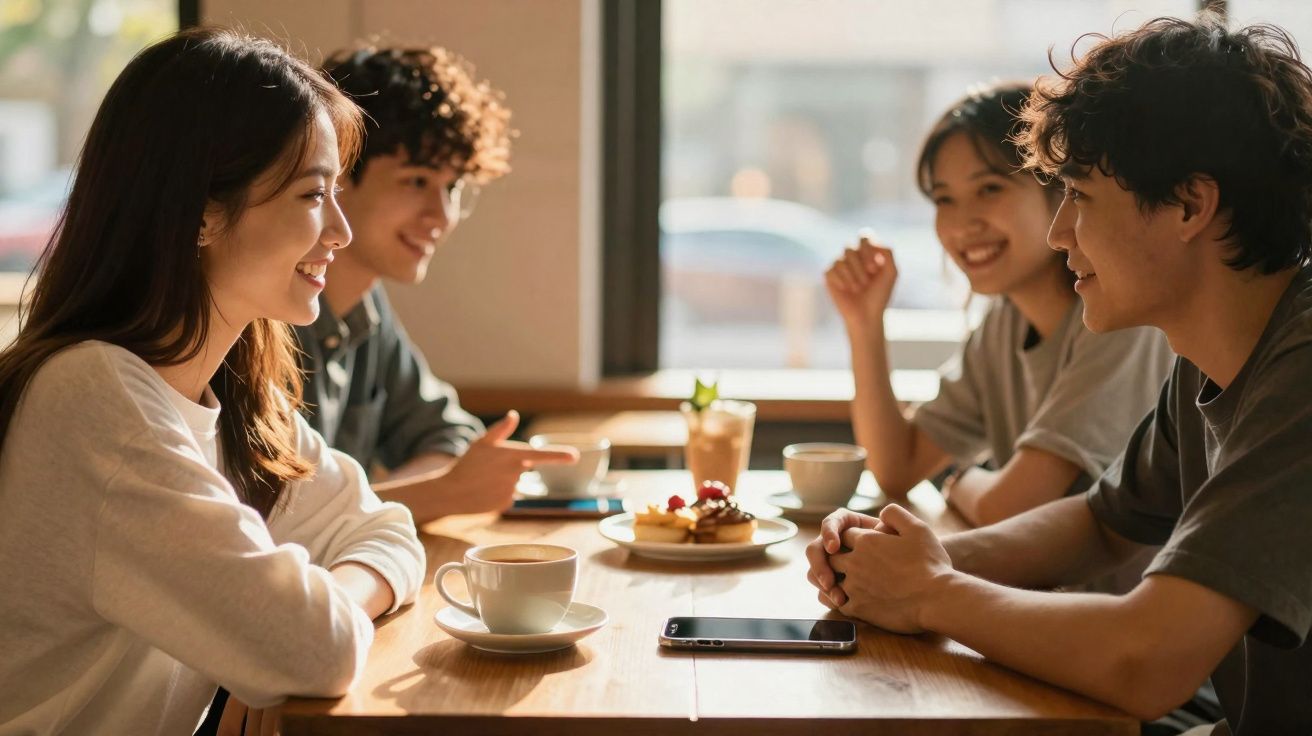 Quatre jeunes assis autour d'une table en bois, partageant un moment convivial avec boissons et desserts.